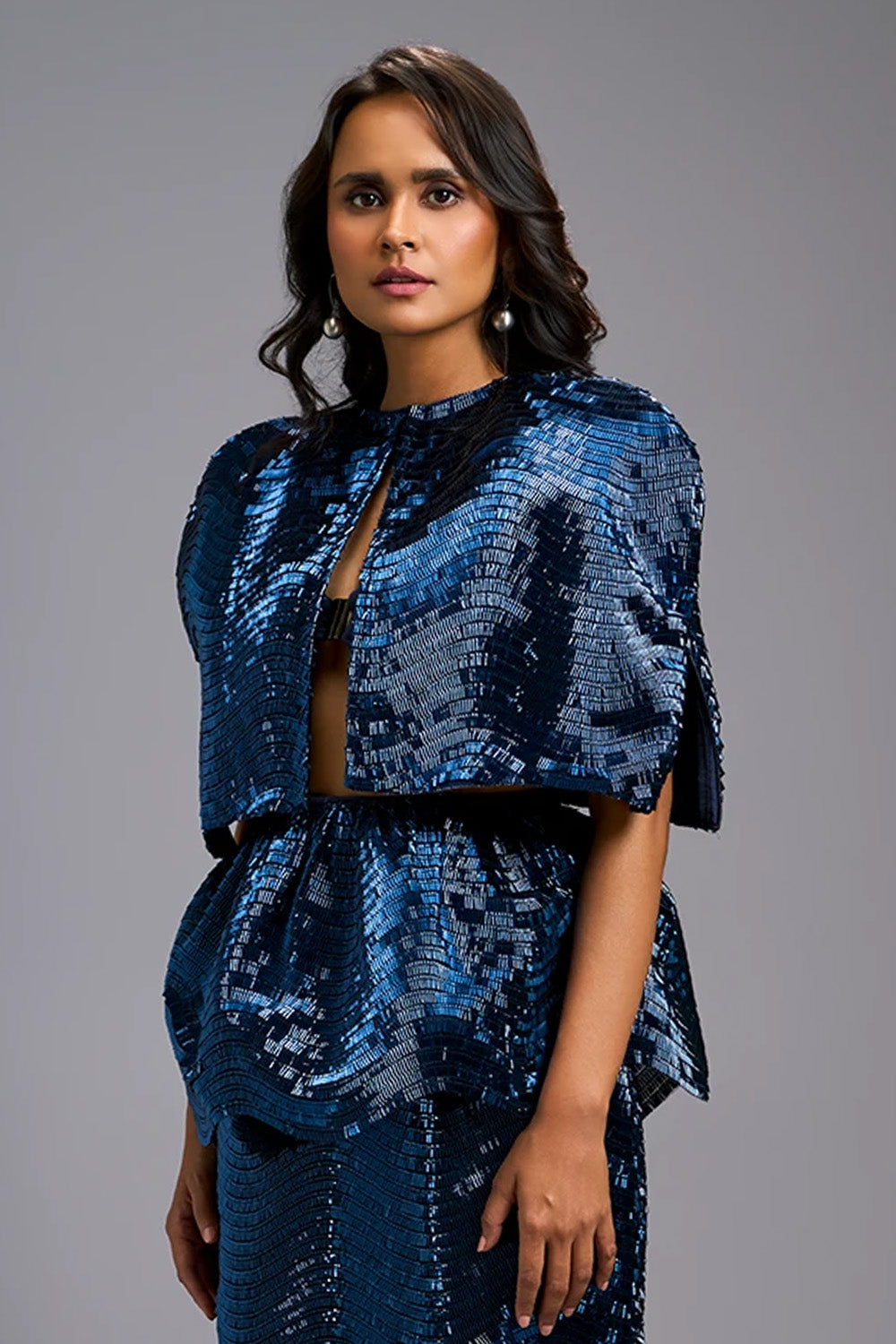 Navy Blue Structured Shimmer Cape