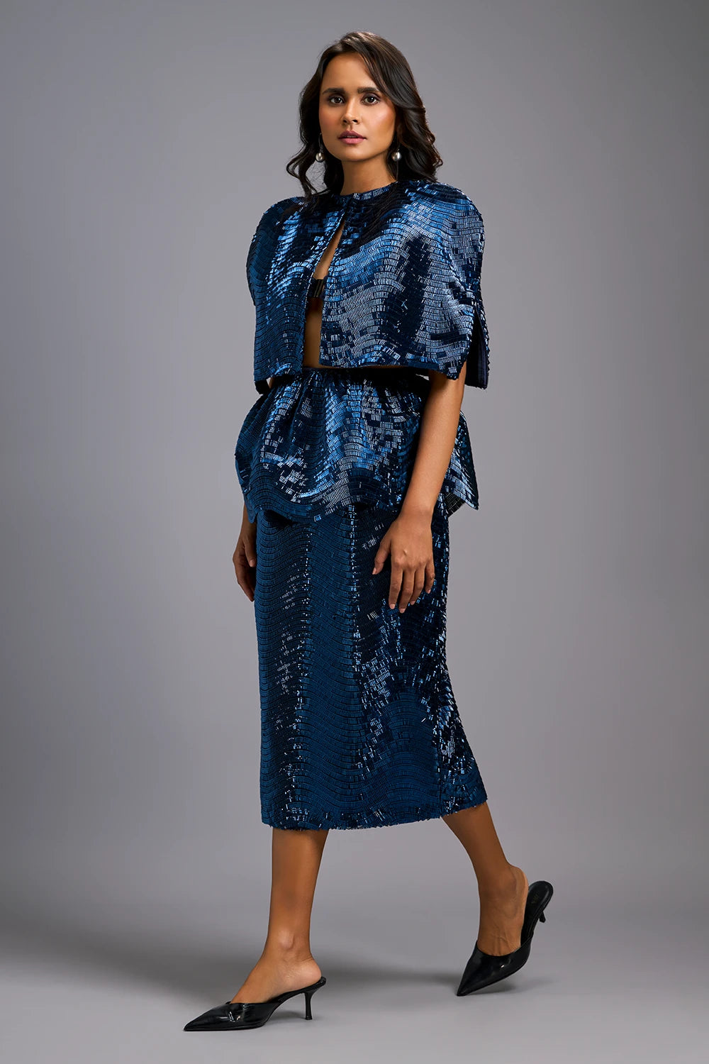 Navy Blue Sleek Bustier with Shimmer Skirt and Cape