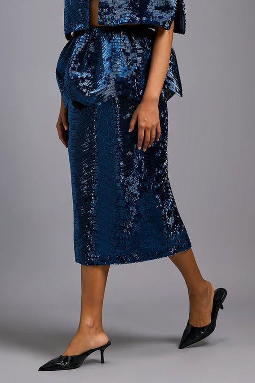 Navy Blue Shimmer Embroidered Midi Skirt