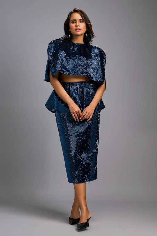 Navy Blue Sleek Bustier with Shimmer Skirt and Cape