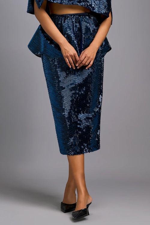 Navy Blue Shimmer Embroidered Midi Skirt