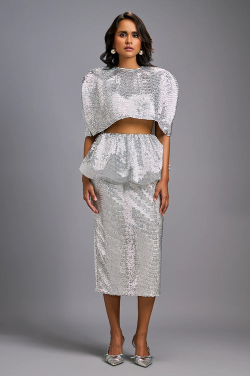 White Sleek Bustier with Shimmer Skirt and Cape