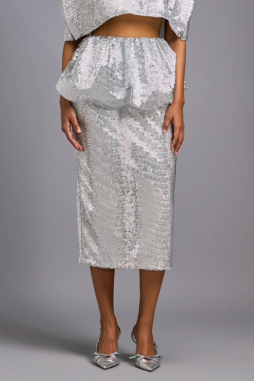 White Shimmer Embroidered Midi Skirt
