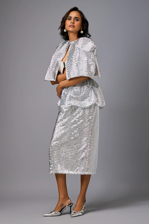 White Sleek Bustier with Shimmer Skirt and Cape