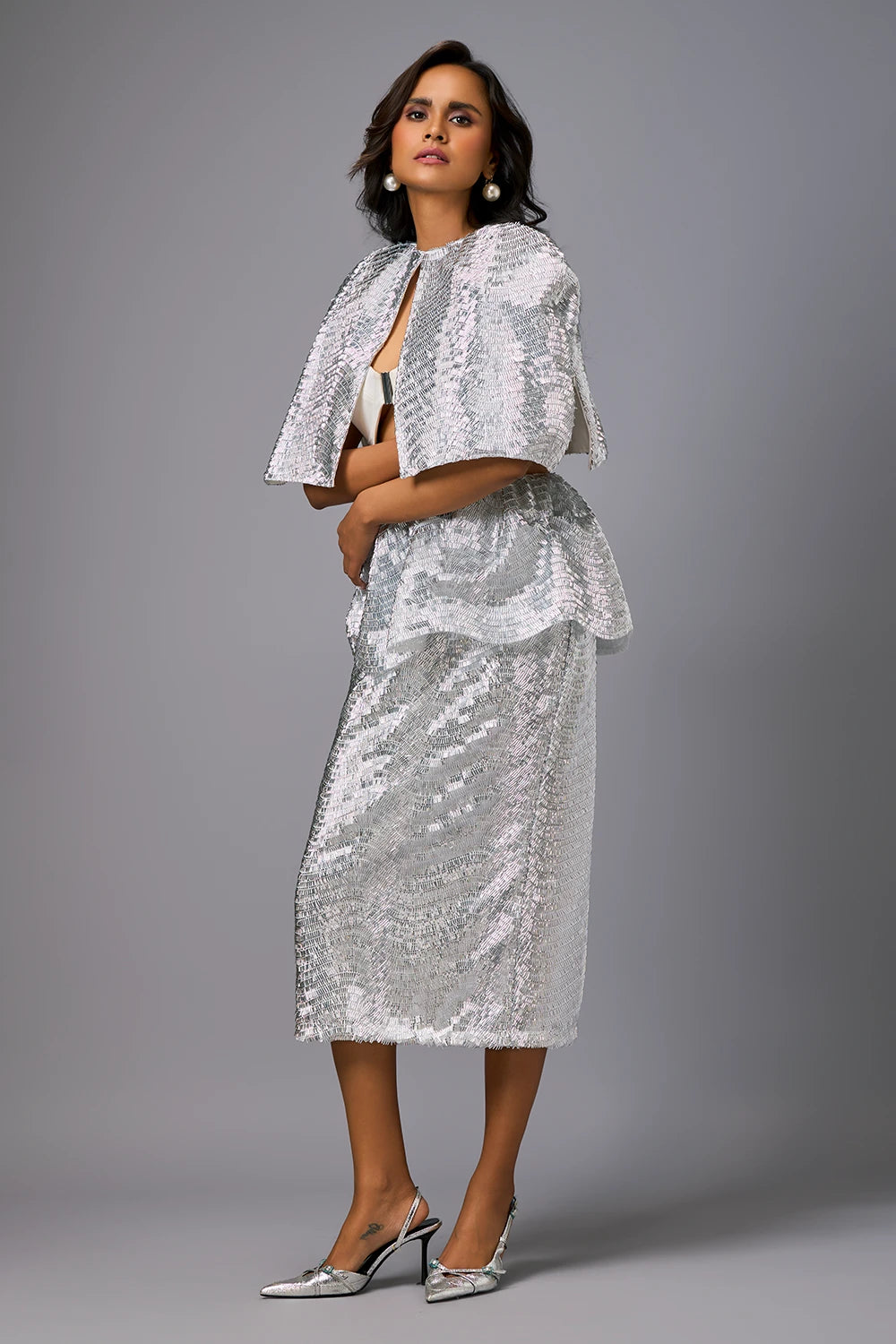 White Sleek Bustier with Shimmer Skirt and Cape