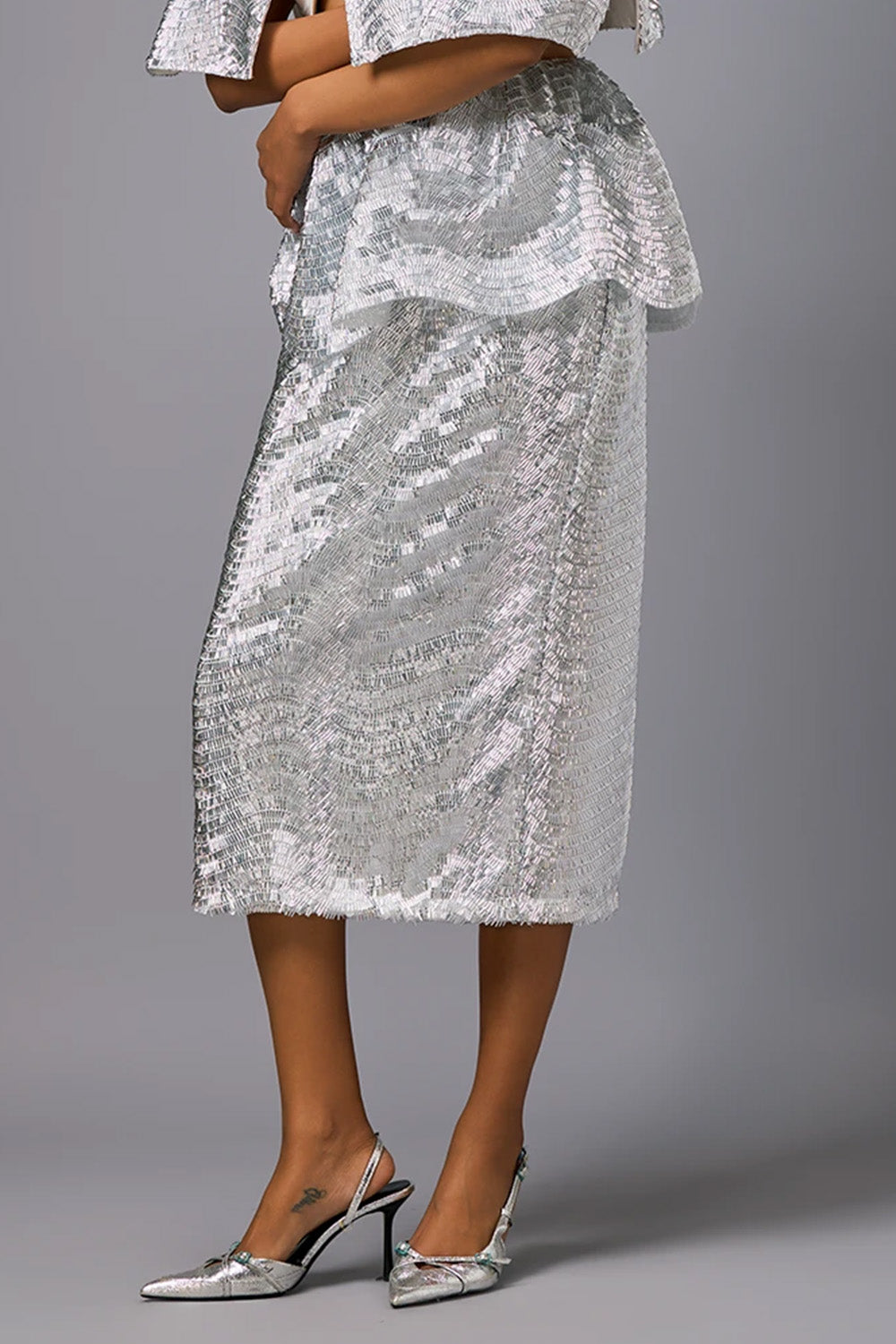 White Shimmer Embroidered Midi Skirt