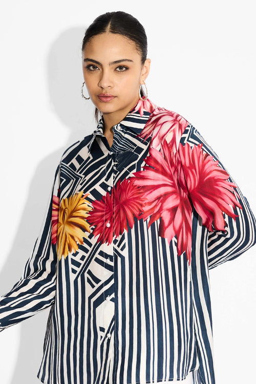 Oversized Floral & Blue Stripes High Low Shirt