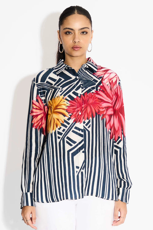 Oversized Floral & Blue Stripes High Low Shirt