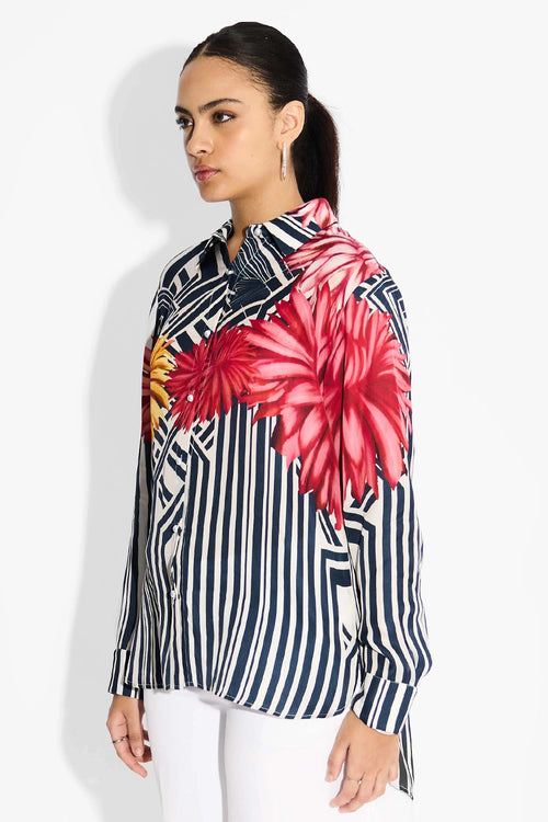 Oversized Floral & Blue Stripes High Low Shirt