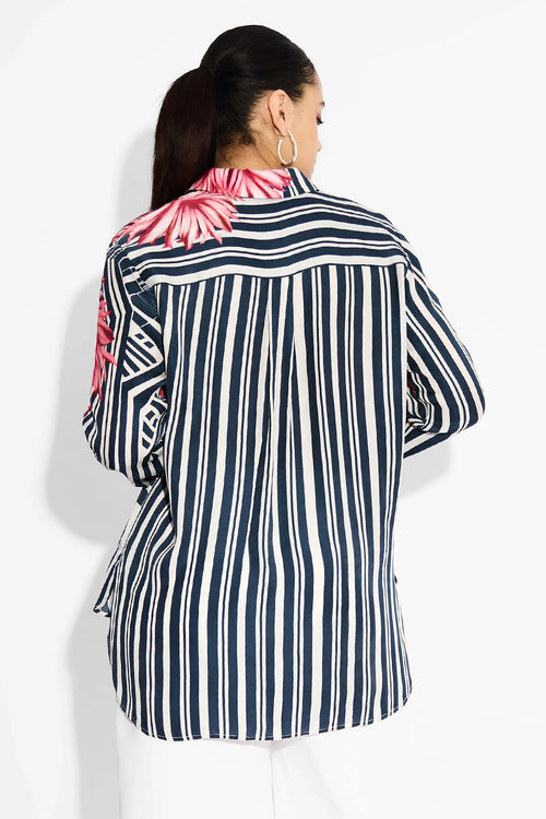 Oversized Floral & Blue Stripes High Low Shirt