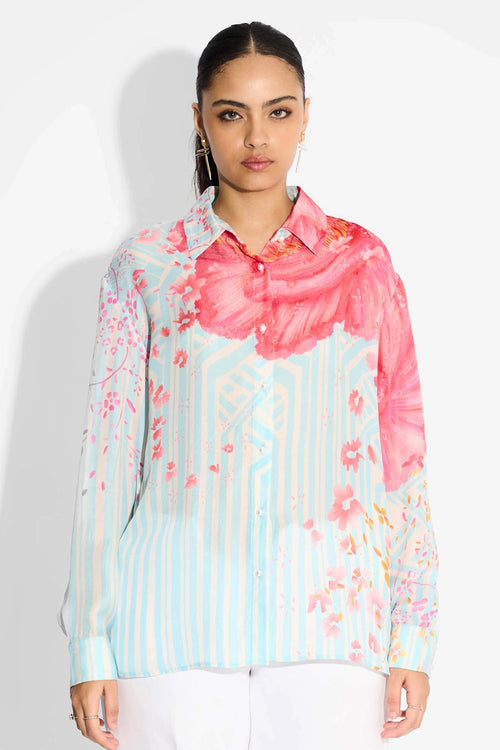 Oversized Floral & Sky Blue Stripe High Low Shirt