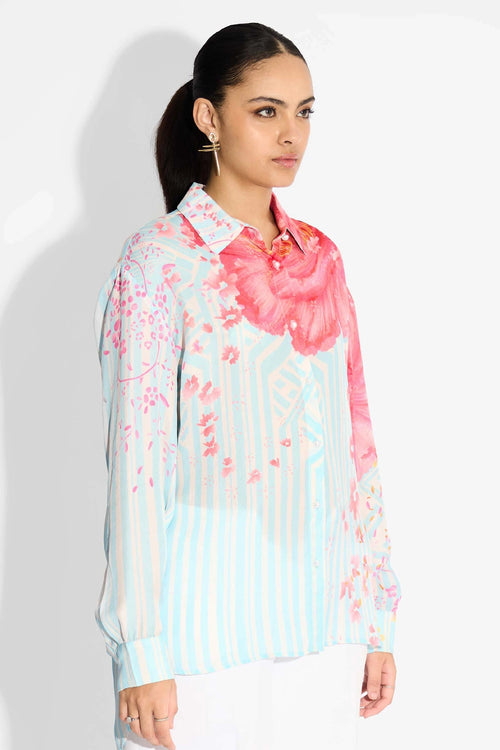 Oversized Floral & Sky Blue Stripe High Low Shirt