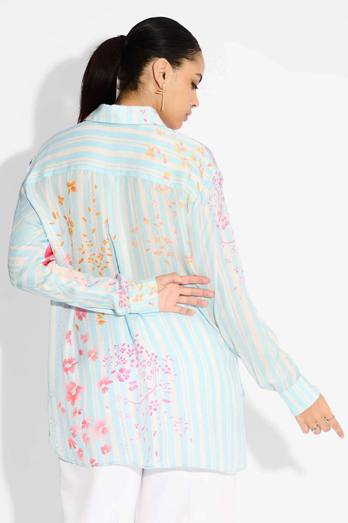 Oversized Floral & Sky Blue Stripe High Low Shirt