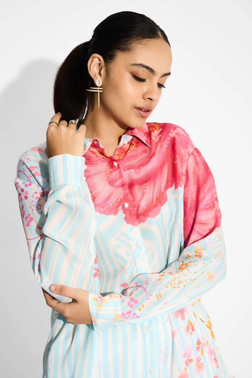 Oversized Floral & Sky Blue Stripe High Low Shirt