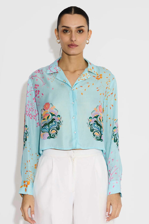 Blue Floral Crop Shirt