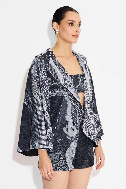 Black Amorphous Sequins Cape Jacket