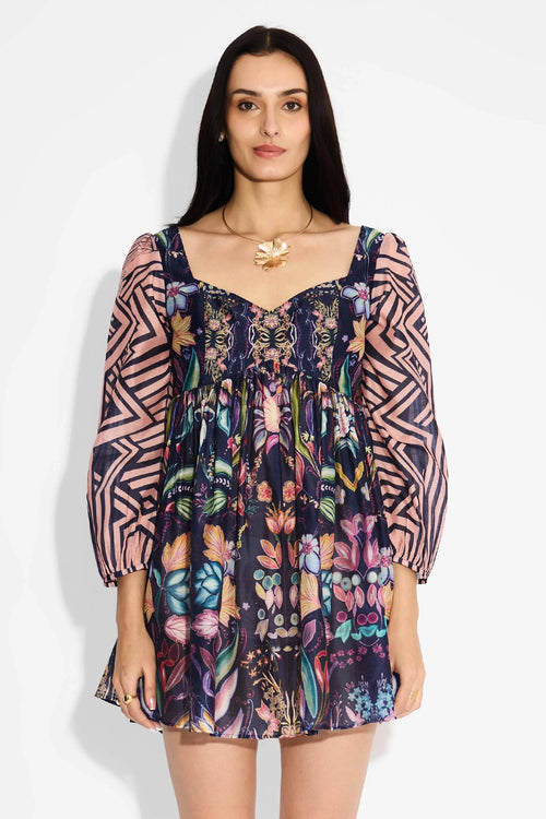 Blue Floral & Stripes Mini Dress