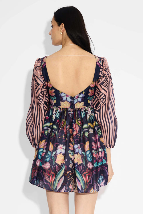 Blue Floral & Stripes Mini Dress