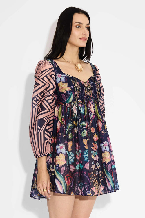 Blue Floral & Stripes Mini Dress