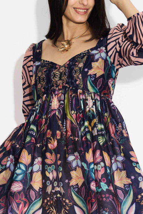 Blue Floral & Stripes Mini Dress