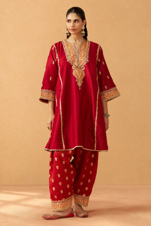 Maahgul Deep Red Kalidaar Chauga with Salwar with Dupatta
