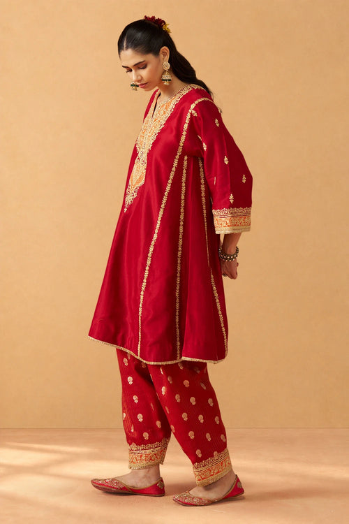 Maahgul Deep Red Kalidaar Chauga with Salwar with Dupatta