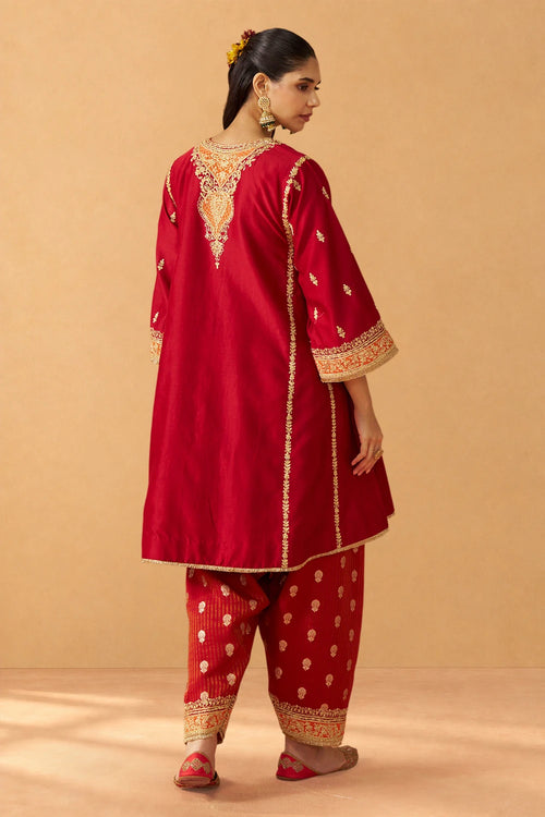 Maahgul Deep Red Kalidaar Chauga with Salwar with Dupatta