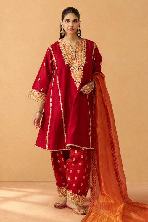 Maahgul Deep Red Kalidaar Chauga with Salwar with Dupatta