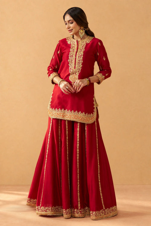 Fadiya Deep Red Kurta with Sharara and Dupatta