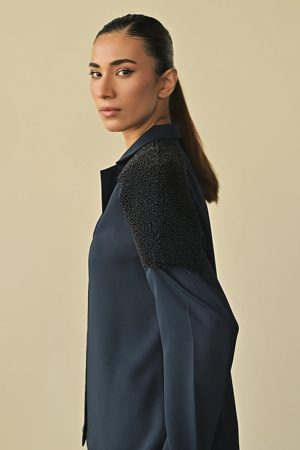 Blue Shoulder Embroidered Shirt with Parallel Trousers