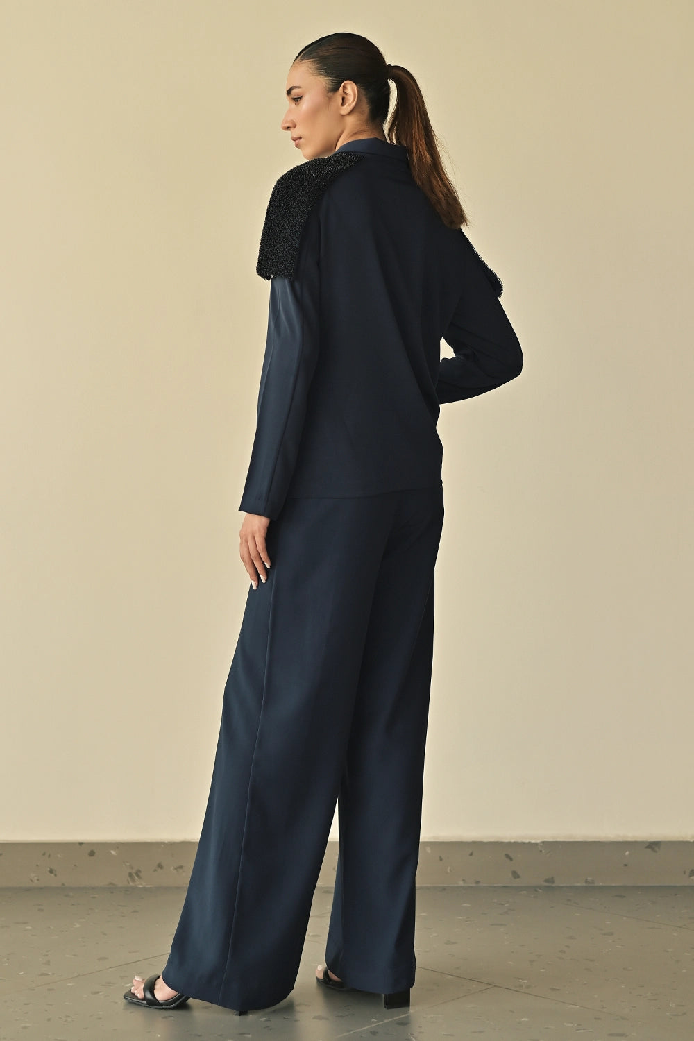 Blue Shoulder Embroidered Shirt with Parallel Trousers
