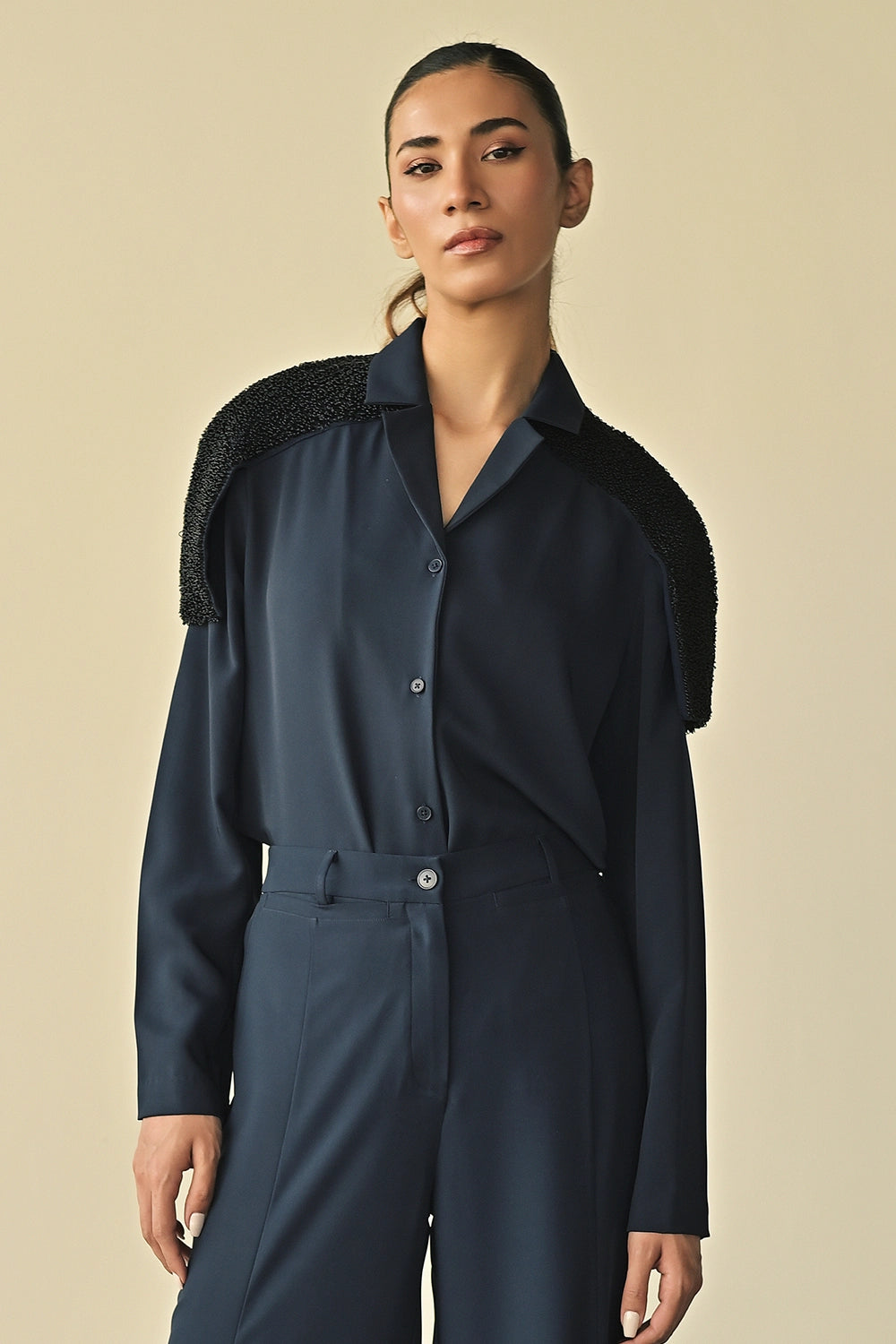 Blue Shoulder Embroidered Shirt