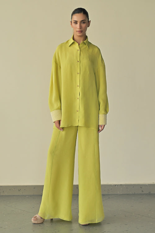 Monet Green Organza Work Shirt with Parallel Trousers