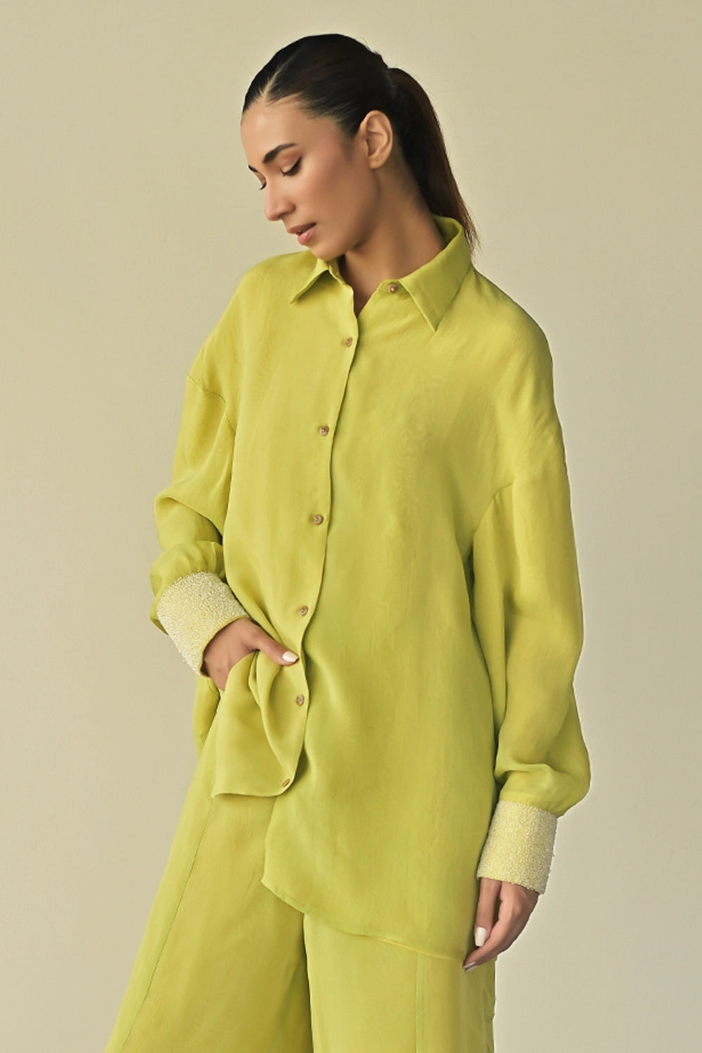 Monet Green Organza Work Shirt with Parallel Trousers