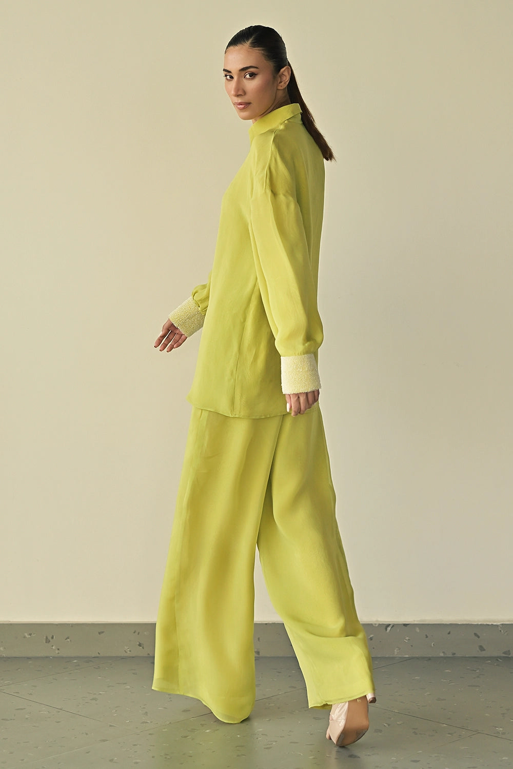 Monet Green Organza Work Shirt with Parallel Trousers
