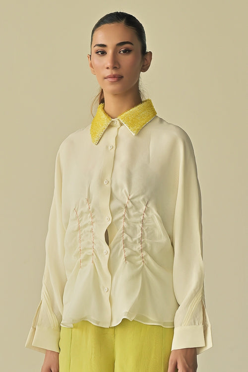 Scrunched Waist Loop Collar Shirt