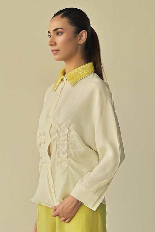 Scrunched Waist Loop Collar Shirt
