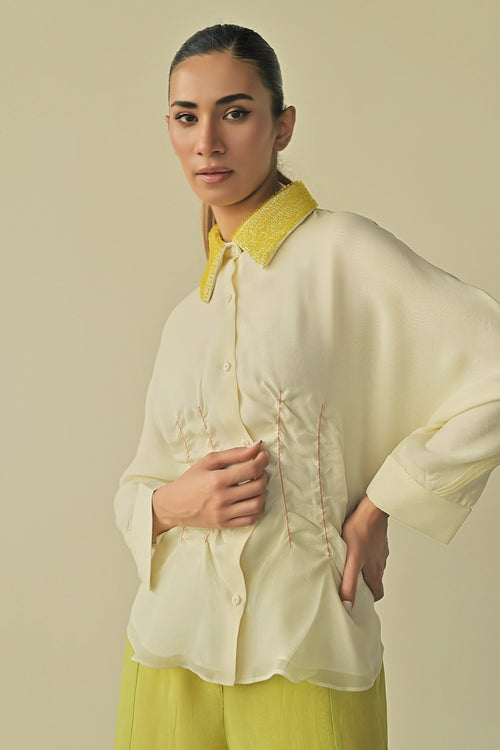 Scrunched Waist Loop Collar Shirt