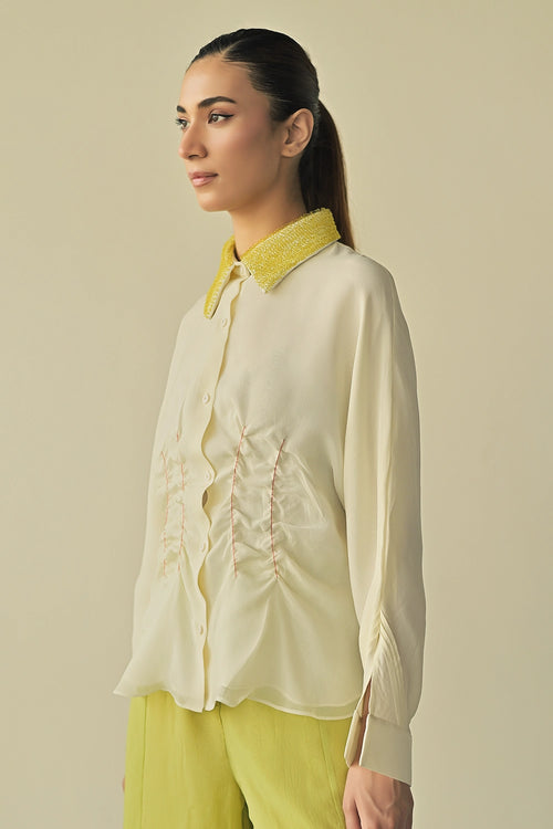 Scrunched Waist Loop Collar Shirt
