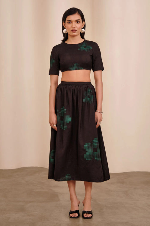 Black Green Dahlia Top With Dahlia Skirt