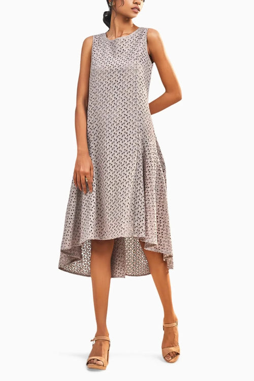Steel Grey High-Low Cutwork Flared Dress