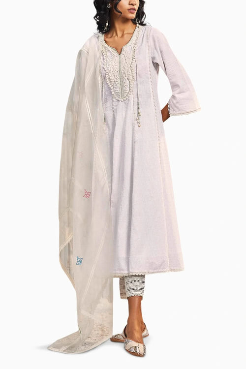 Off-White Flairy Cotton Kurta Set With Dupatta