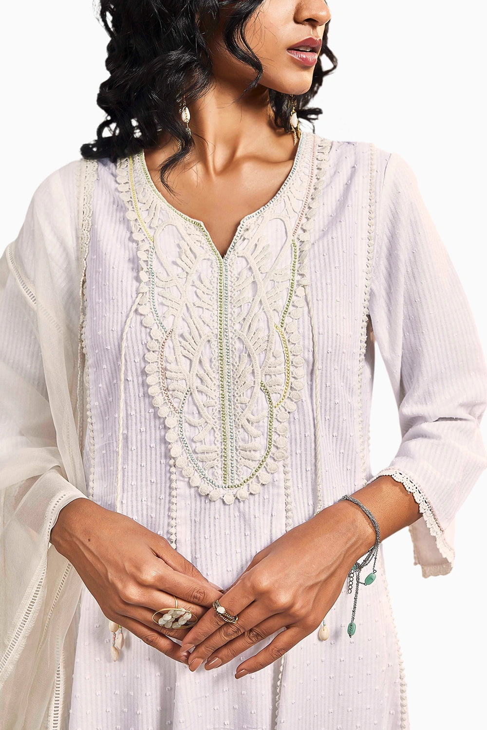 Off-White Flairy Cotton Kurta Set With Dupatta