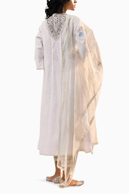 Off-White Flairy Cotton Kurta Set With Dupatta