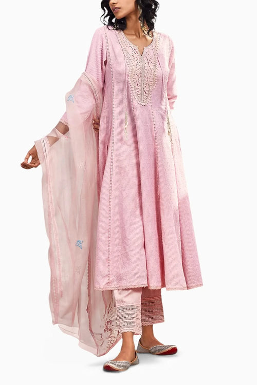 Blush Pink Flairy Cotton Kurta Set With Dupatta
