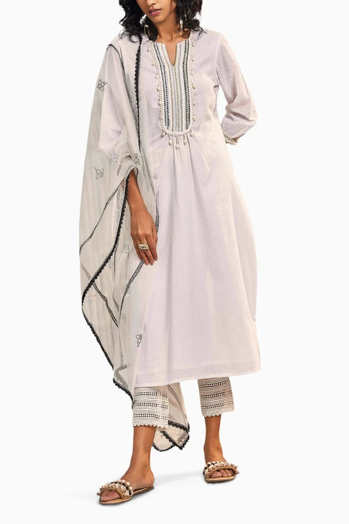 Shell White Cotton Straight Kurta Set With Dupatta