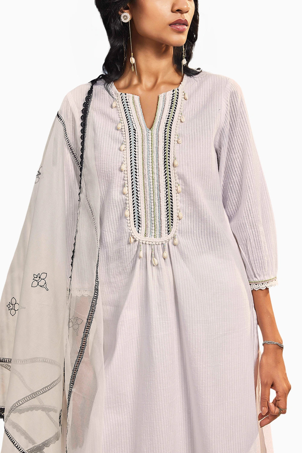 Shell White Cotton Straight Kurta Set With Dupatta