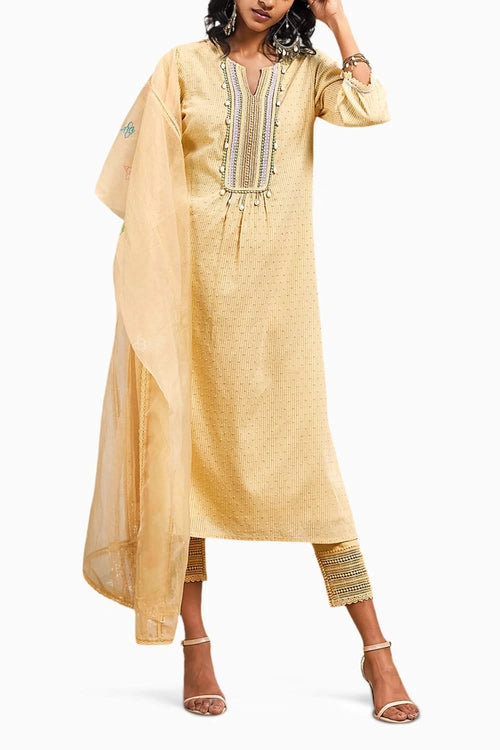 Sunshine Yellow Cotton Straight Kurta Set With Dupatta