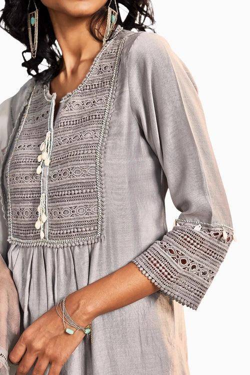 Steel Grey Chanderi Kurta Set With Dupatta
