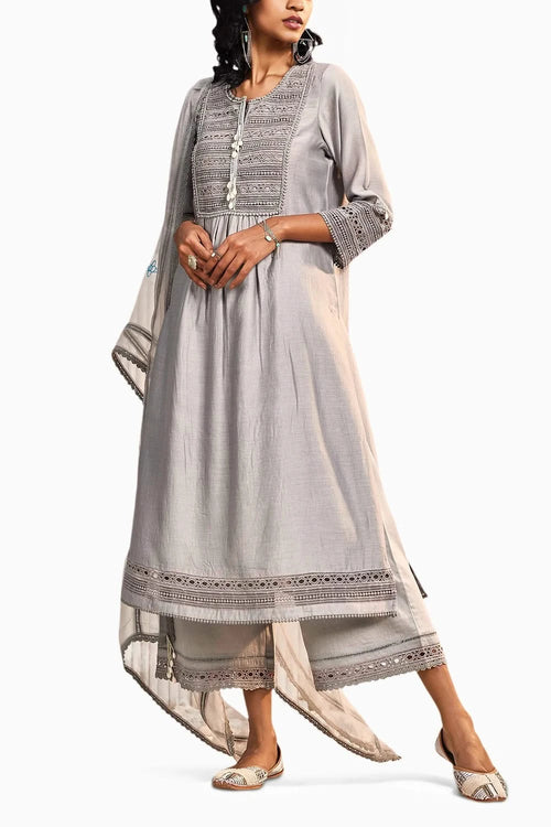 Steel Grey Chanderi Kurta Set With Dupatta
